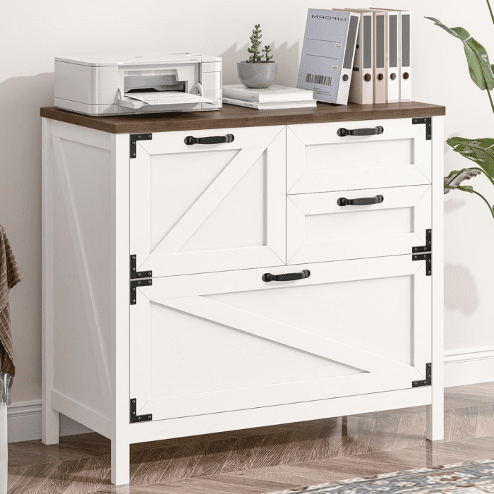 4-Drawer Wood Lateral File Cabinet for Hanging Files Letter/A4/Legal Size, Large Farmhouse File Cabinets for Home Office, Printer Stand with Office Cabinet, Office Furniture, White and Brown