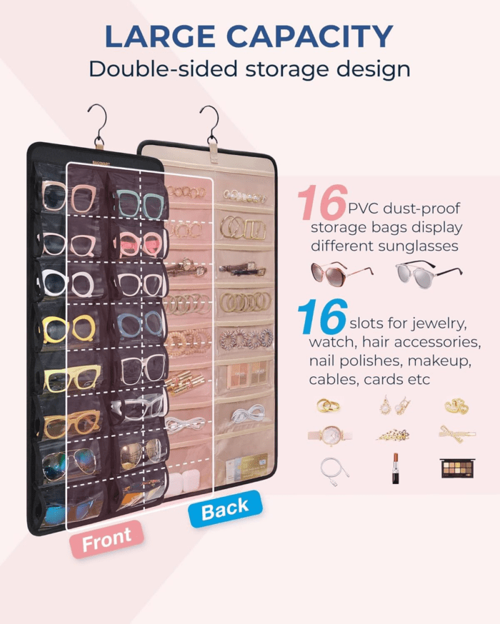 Hanging Jewelry Organizer, Dust Proof Sunglasses Storage Case Wall Mounted, Travel Dual Sided Glasses Case Multiple Pairs, Eyeglasses Holder with 32 Clear Slots & Metal Hook, Black - Image 2