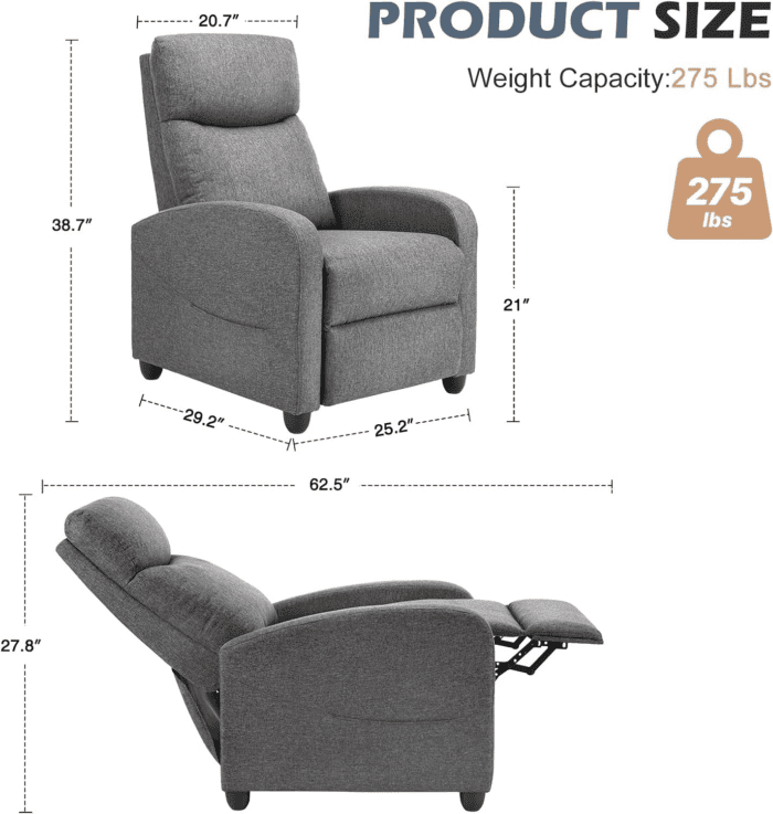 Recliner Chair for Adults, Massage Fabric Small Recliner Home Theater Seating with Lumbar Support, Adjustable Modern Reclining Chair with Padded Seat Backrest for Living Room (Grey) - Image 3