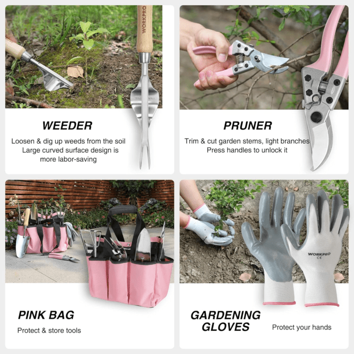 8-Piece Pink Garden Tool Set, Stainless Steel Gardening Tools with Wood Handle, Including Garden Tote, Gloves, Trowel, Hand Weeder, Cultivator and More, Gardening Gifts for Women - Pink Ribbon - Image 5