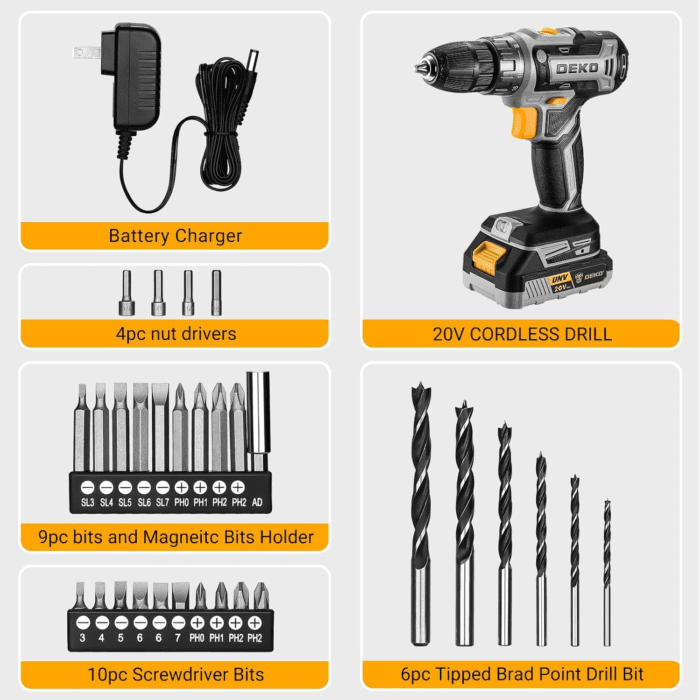 Power Drill Cordless: DEKO PRO Cordless Drill 20V Electric Power Drill Set Tool Drills Cordless Set with Battery and Charger 20 Volt Drill Driver Kit - Image 7