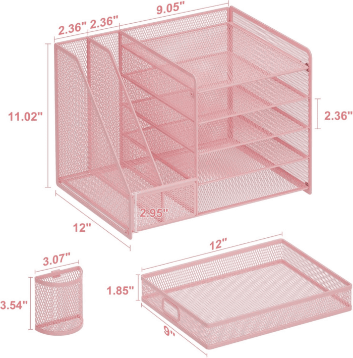 Desk Organizer with File Holder, 5-Tier Paper Letter Tray Organizer with Drawer and 2 Pen Holder, Mesh Desktop Organizer and Storage with Magazine Holder for Office Supplies(Pink) - Image 6