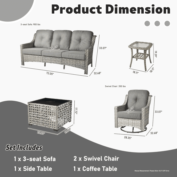 5 Piece Outdoor Patio Furniture with 3 Seat Sofa,Rattan Wicker Coversation Set with Swivel Rocking Chair,Balcony Sofa Set with Shiny Table for outside Porch Backyard Pool,Dark Grey - Image 7