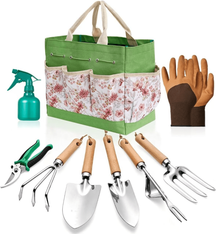 Gardening Tools of 9 Pieces | Stainless Steel Heavy-Duty Gardening Hand Tools with a Delicate and Durable Storage Bag and Anti-Slip Rubber Gloves | Garden Tools Make Ideal Gardening Gifts for Women