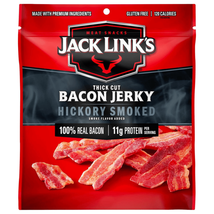 Bacon Jerky, Hickory Smoked, 2.5 Oz. Bag - Flavorful Ready to Eat Meat Snack with 11G of Protein, Made with 100% Thick Cut, Real Bacon, Perfect Hunting Trip Snacks (Packaging May Vary)