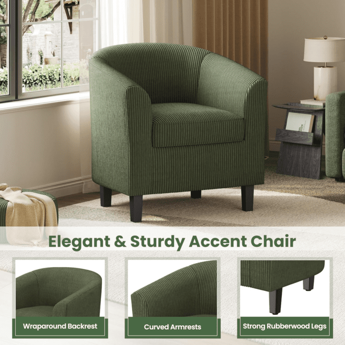 Corduroy Barrel Chairs Set of 2, Upholstered Club Chairs Accent Chairs, round Armchairs Waiting Room Chairs with Soft Cushion for Living Room Bedroom Reading Room, Dark Green - Image 6