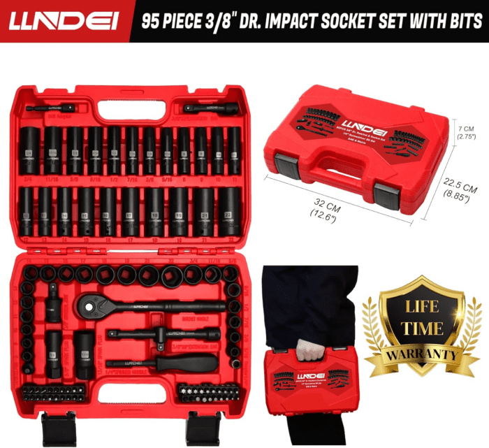 3/8”Drive Impact Socket Set,Standard SAE(5/16 to 3/4-Inch) Metric Size(8-22Mm), 95 Piece, CR-V Steel Deep&Shallow Kit, Adapters, Ratchet Handle, Screwdriver Bit Set, Spark Plug Socket, 6 Point - Image 3