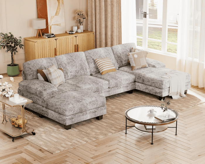 Sectional Couches for Living Room, U Shaped Couch with Chenille Fabric, 4 Seat Modern Sofa with Removable Pillows for Apartment and Small Space (Fabric, Grey) - Image 6