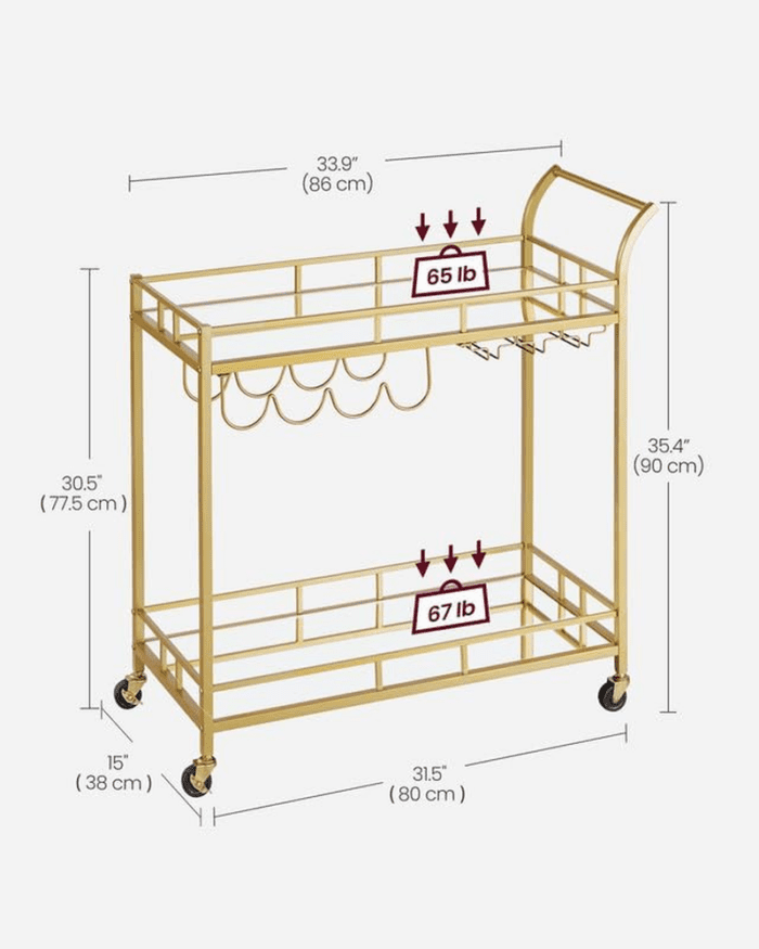 Bar Cart Gold, Home Bar Serving Cart, Wine Cart with 2 Mirrored Shelves, Wine Holders, Glass Holders, for Kitchen, Dining Room, Gold ULRC090A03 - Image 6