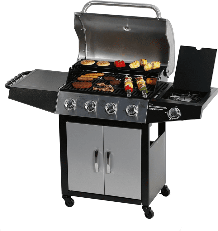 Gas Grill, BBQ 4-Burner Cabinet Style Grill Propane with Side Burner, Stainless Steel