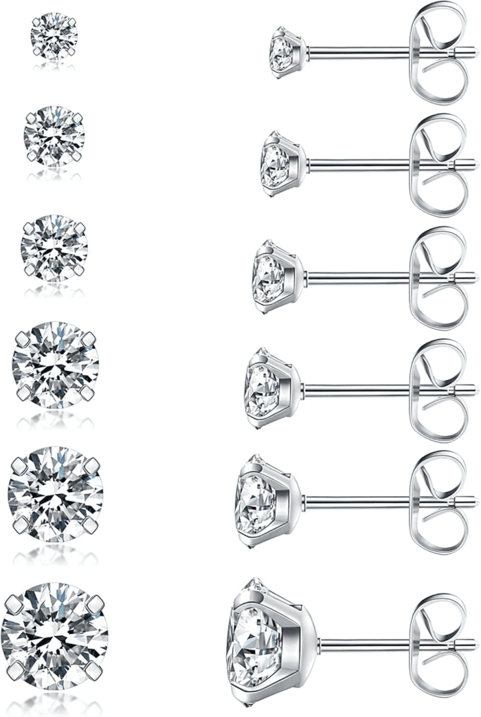 6 Pairs Stud Earrings Set, Hypoallergenic Cubic Zirconia 316L Earrings Stainless Steel CZ Earrings 3-8Mm (Steel Color)