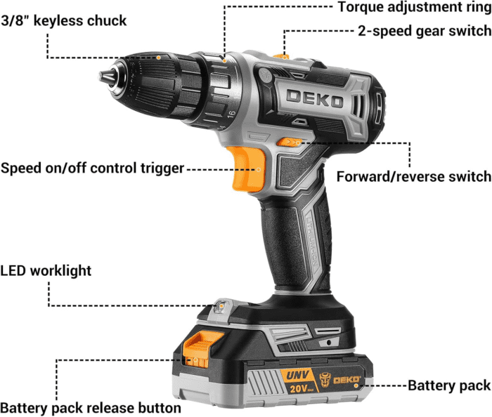 Power Drill Cordless: DEKO PRO Cordless Drill 20V Electric Power Drill Set Tool Drills Cordless Set with Battery and Charger 20 Volt Drill Driver Kit - Image 2