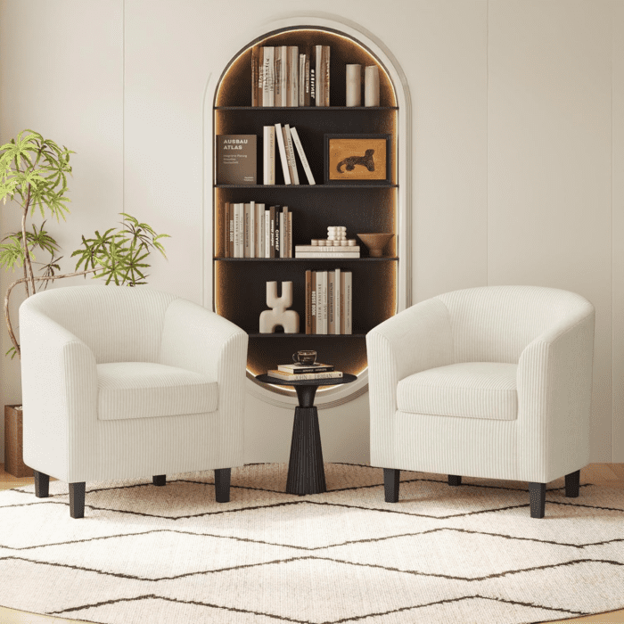 Corduroy Barrel Chairs Set of 2, Upholstered Club Chairs Accent Chairs, round Armchairs Waiting Room Chairs with Soft Cushion for Living Room Bedroom Reading Room, Beige - Image 4