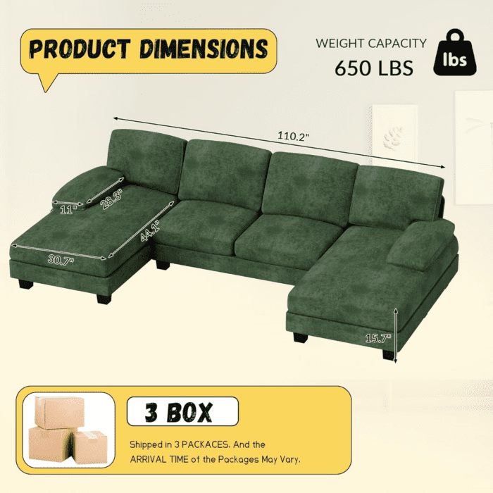 Sectional Couches for Living Room, U Shaped Couch with Chenille Fabric, 4 Seat Modern Sofa with Removable Pillows for Apartment and Small Space (Fabric, Green) - Image 2