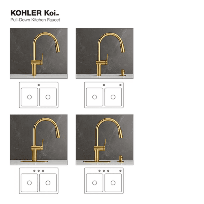 Koi Vibrant Brushed Moderne Brass Single Handle Pull-Down Kitchen Faucet with Sprayer (Deck Plate and Soap Dispenser Included) - Image 8