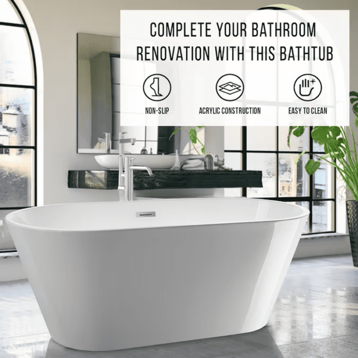 29.5-In X 59-In White/Polished Chrome Acrylic Oval Freestanding Soaking Bathtub with Drain (Center Drain) - Image 3