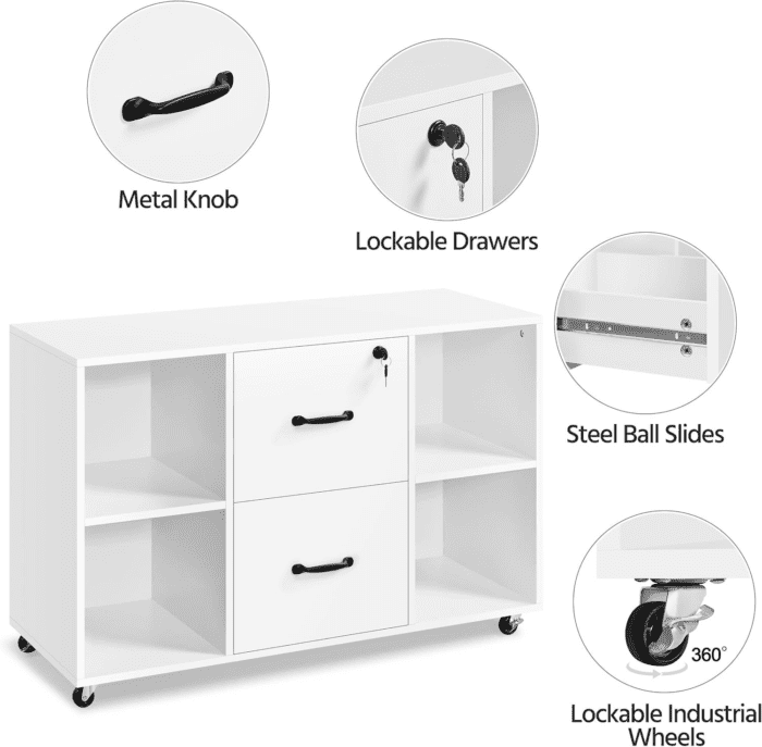 White File Cabinet Mobile Letter Size File Cabinet with 2 Drawers and 4 Open Storage Shelves Large Mobile Lateral Filing Cabinet Printer Stand for Home and Office - Image 4