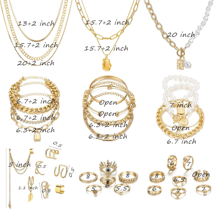 36 PCS Gold Plated Jewelry Set with 4 PCS Necklace, 11 PCS Bracelet, 7 PCS Ear Cuffs Earring, 14 Pcs Knuckle Rings for Women Girls Valentine Anniversary Birthday Friendship Gift - Image 7