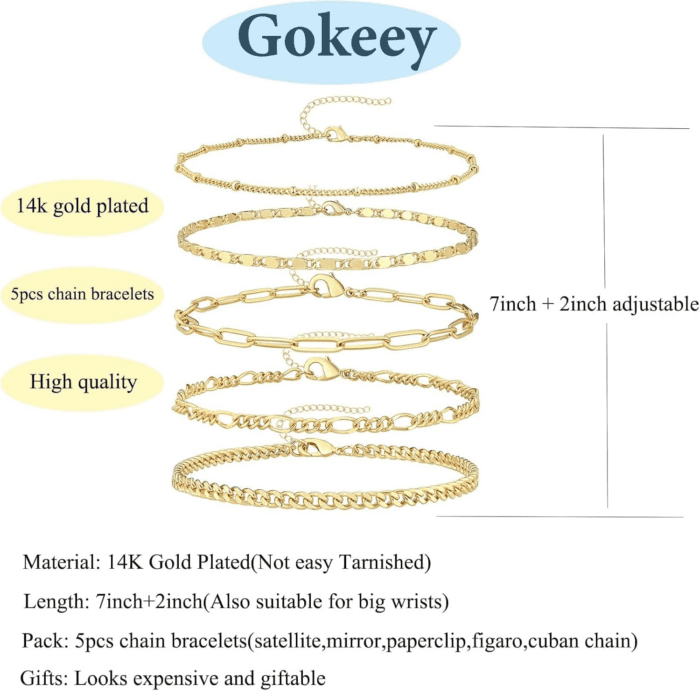 Gold Bracelets Set for Women 14K Real Gold Plated Dainty Gold Link Chain Bracelets for Women Trendy Gold Stackable Cuff Bracelets for Jewelry Gifts Women Adjustable 7"+2" - Image 6