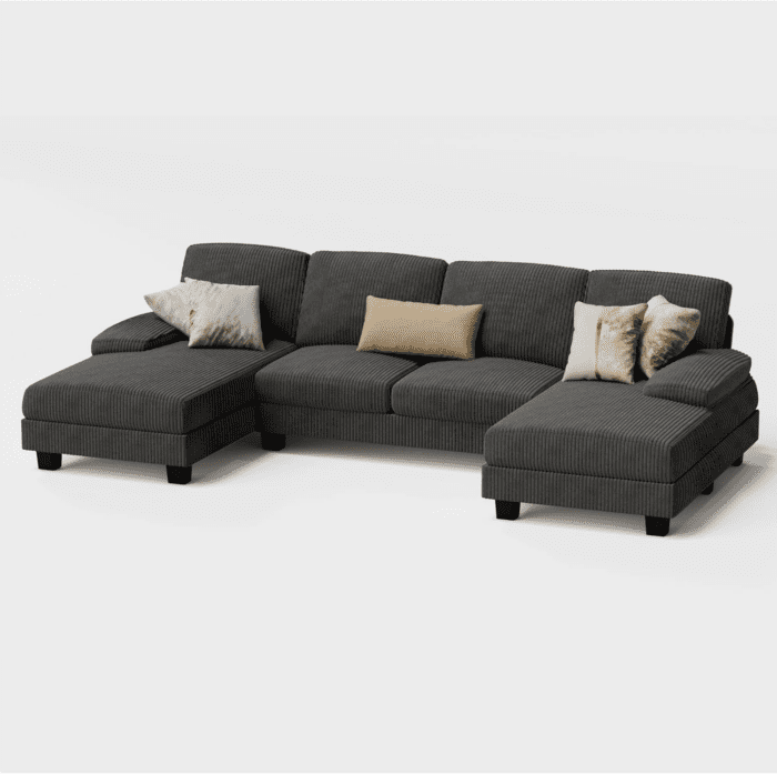 Sectional Couches for Living Room, U-Shaped Sofa Couch with Soft Corduroy, 4 Seat Sofa Set with Double Chaise for Apartment (Corduroy, Dark Grey) - Image 8