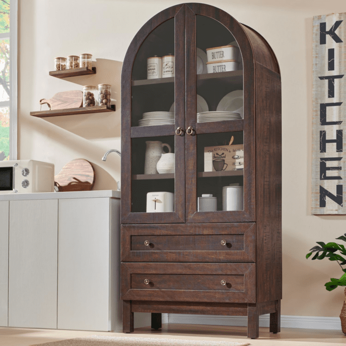 71" Tall Arched Kitchen Pantry Cabinet, Wood Kitchen Storage Cabinets with 2 Large Drawers and Adjustable Shelves, Modern Farmhouse Versatile Cupboard for Kitchen, Dining Room, Bathroom, Brown