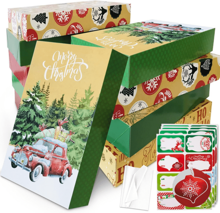 12 Large Christmas Gift Wrap Boxes Bulk with Lids, 12 Tissue Paper and 80 Count Foil Christmas Tag Stickers for Wrapping Oversized Clothing (Robes, Sweater, Coat, Shirts) and Xmas Holiday Present