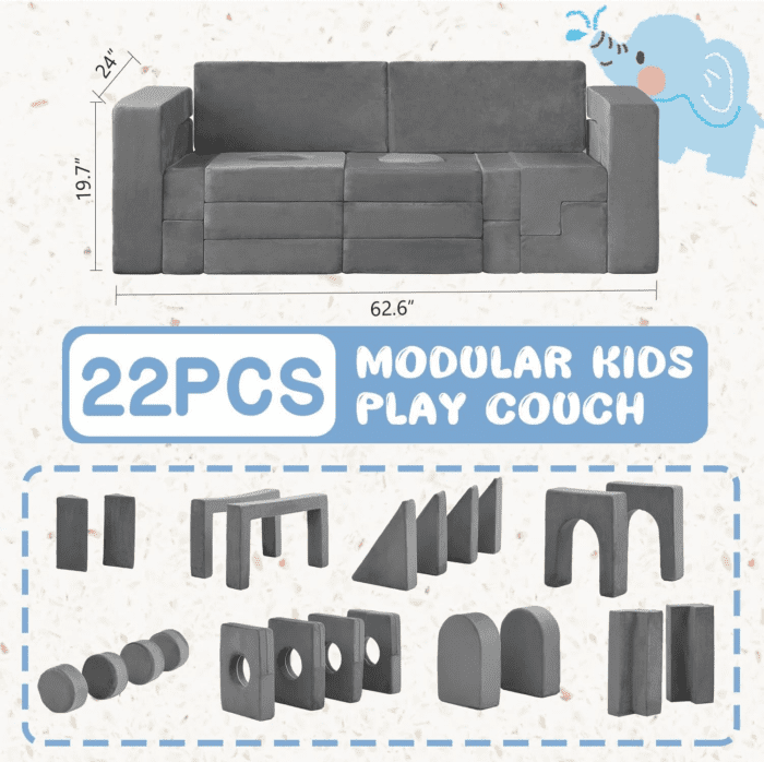 22Pcs Modular Kids Play Couch, Floor Sofa for Children, 1000+DIY Creativing Playroom Furniture for Toddlers， Convertible Foam and Floor Cushion for Boys and Girls - Image 3