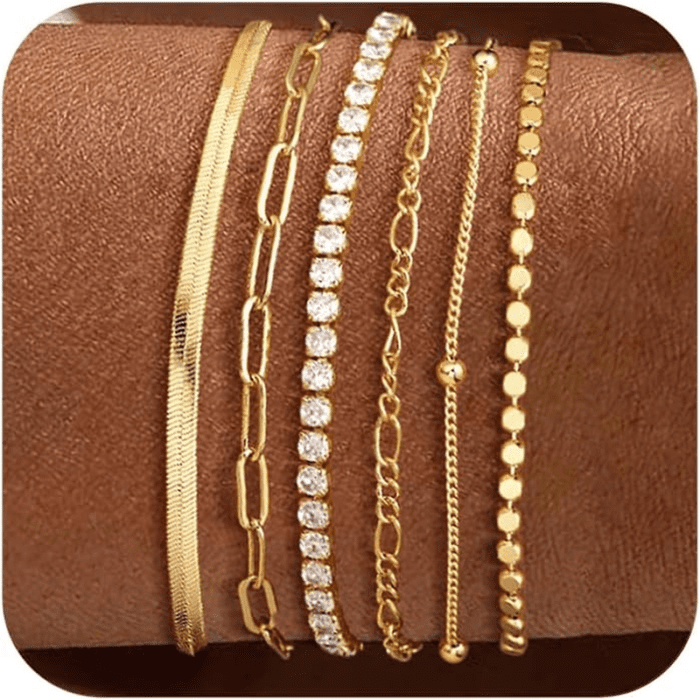 Waterproof Gold Bracelets Set for Women Trendy, Dainty 14K Real Gold Plated Jewelry Fashion Stackable Tennis Beaded Figaro Herringbone Paperclip Link Bracelet Pack Stack Gifts for Women