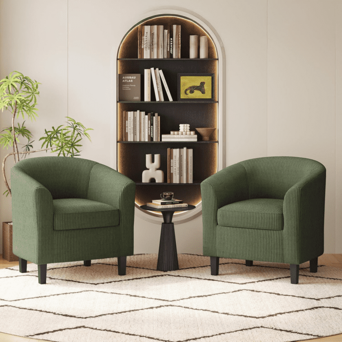 Corduroy Barrel Chairs Set of 2, Upholstered Club Chairs Accent Chairs, round Armchairs Waiting Room Chairs with Soft Cushion for Living Room Bedroom Reading Room, Dark Green - Image 2