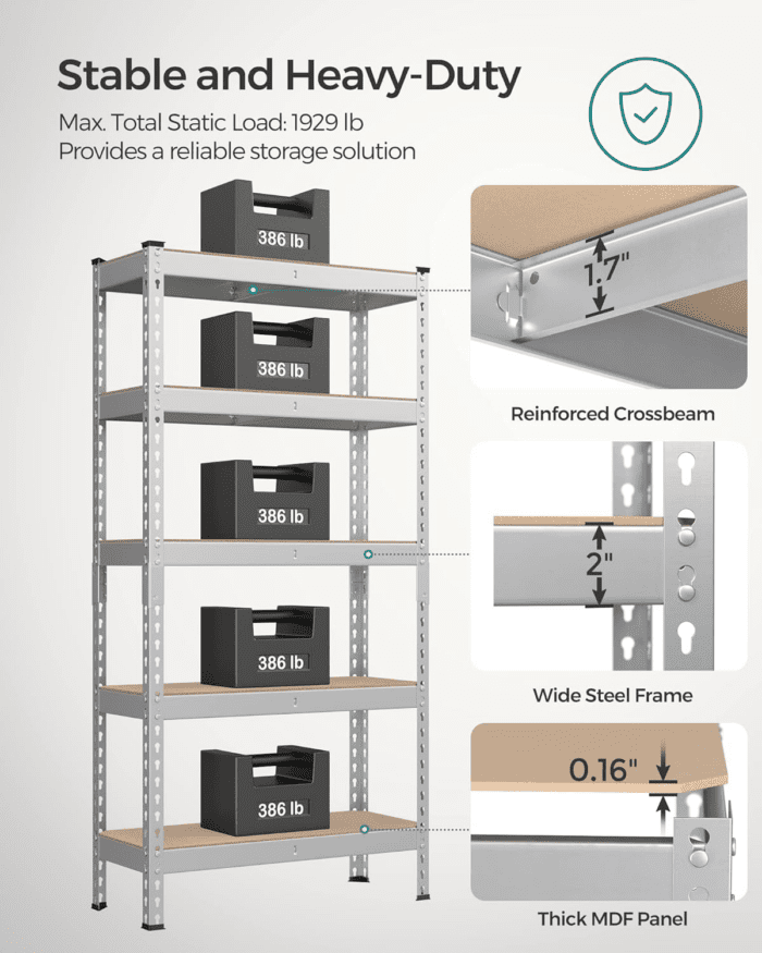 5-Tier Storage Shelves, Set of 2 Garage Storage, Boltless Assembly, Adjustable Shelving Units, 11.8 X 29.5 X 59.1 Inches, Load 1929 Lb Each, Shed Warehouse Basement, Silver UGLR300E02 - Image 4