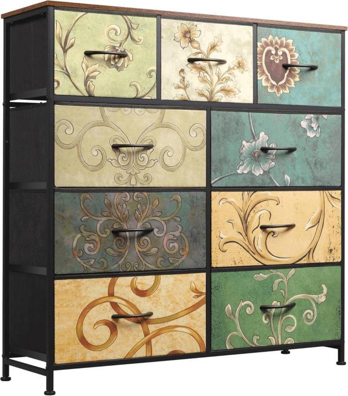 9-Drawer Dresser, Fabric Storage Tower for Bedroom, Hallway, Entryway, Closet, Tall Chest Organizer Unit with Fabric Bins, Steel Frame, Wood Top, Easy Pull Handle, Floral Painted