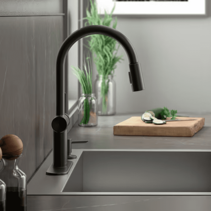 Koi Vibrant Brushed Moderne Brass Single Handle Pull-Down Kitchen Faucet with Sprayer (Deck Plate and Soap Dispenser Included) - Image 12