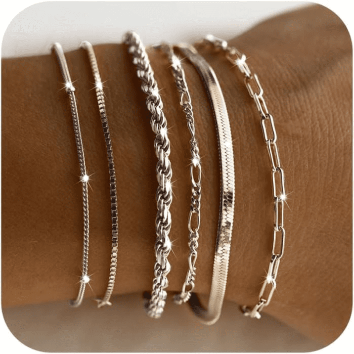 Dainty Silver Bracelets for Women Trendy, 925 Sterling Silver Jewelry Set for Women Bracelets for Women Paperclip Box Herringbone Figaro Rope Chain Bracelet Fashion Pack Gifts for Women