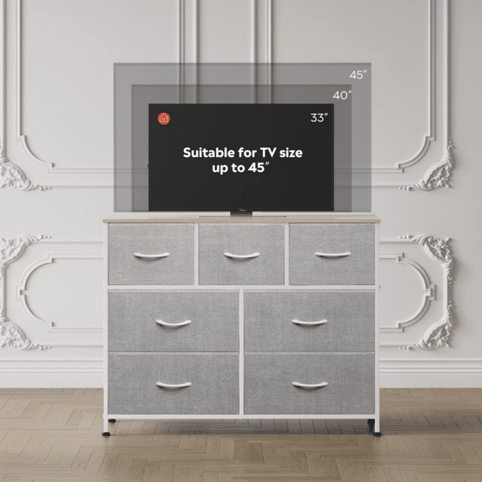 Dresser TV Stand, Entertainment Center with Fabric Drawers, Media Console Table with Metal Frame and Wood Top for TV up to 45 Inch, Chest of Drawers for Bedroom, Living Room, Light Grey - Image 7