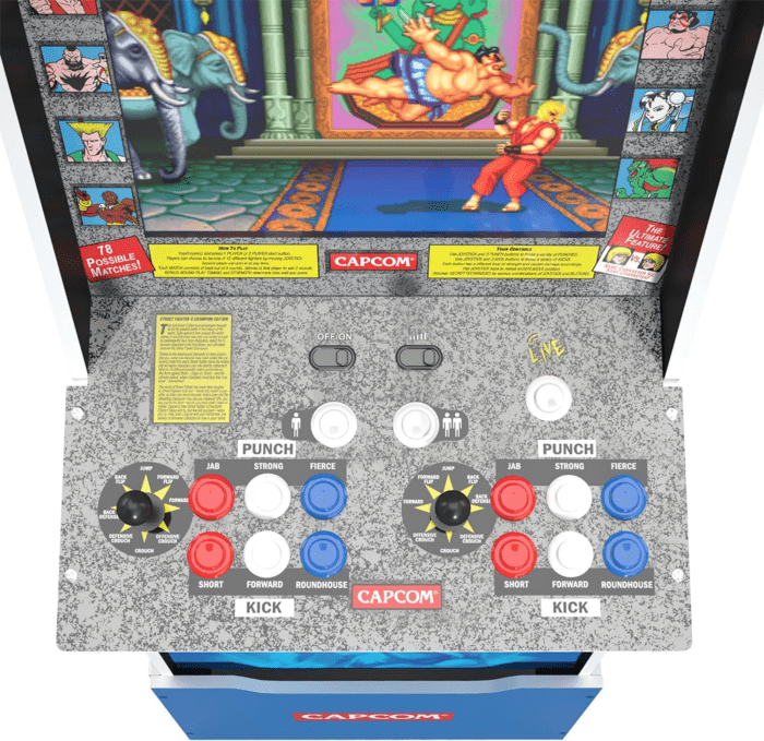 Street Fighter II Champion Edition Big Blue Cabinet Style Arcade Machine W/ 12 Games, Coinless Operation, Light-Up Marquee, Wifi, and Stool - Image 7