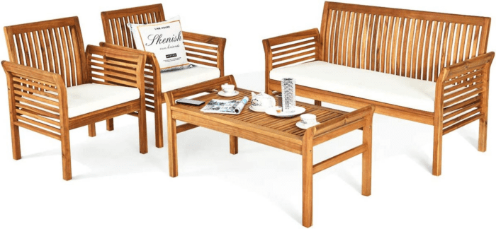 4 Piece Outdoor Acacia Wood Sofa Set with Water Resistant Cushions, Padded Patio Conversation Table Chair Set W/Coffee Table for Garden, Backyard, Poolside (1)