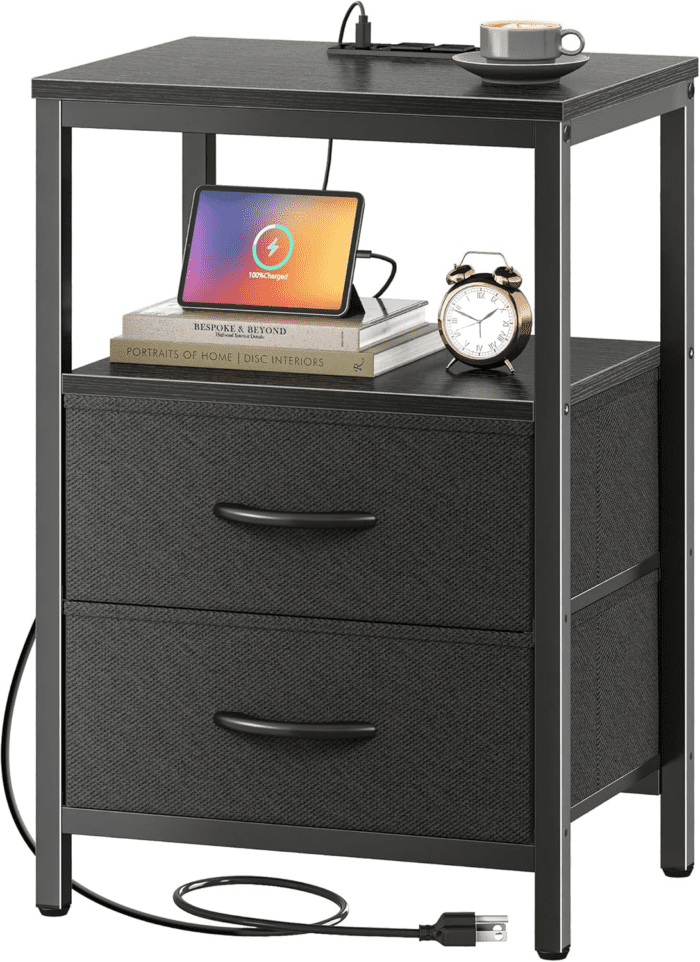 Nightstand with Charging Station, Side Table with Fabric Drawers, End Table with Open Shelf, Bedside Table with USB Ports and Outlets, Night Stand for Bedroom, Black