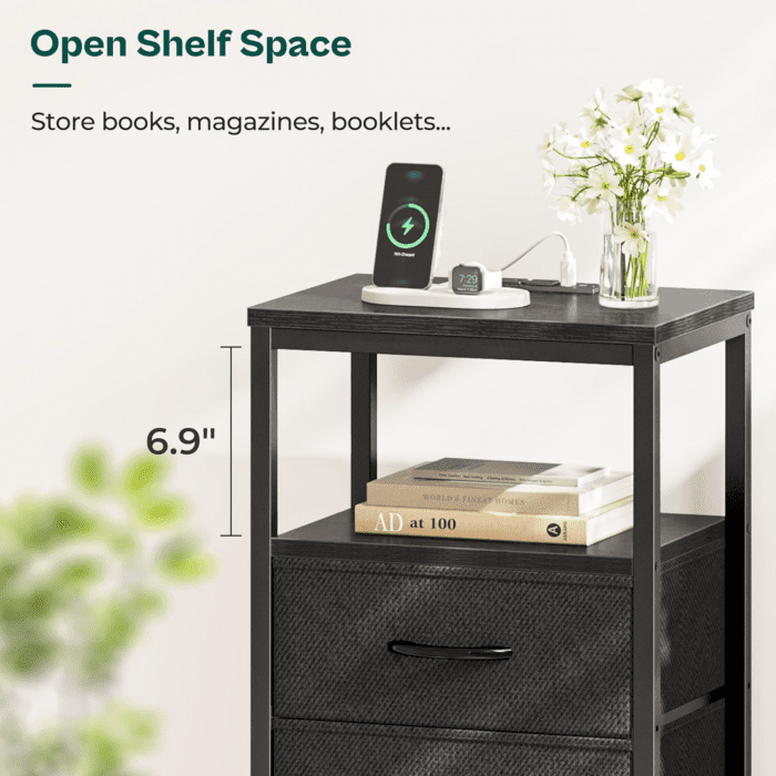 Nightstand with Charging Station, Side Table with Fabric Drawers, End Table with Open Shelf, Bedside Table with USB Ports and Outlets, Night Stand for Bedroom, Black - Image 7