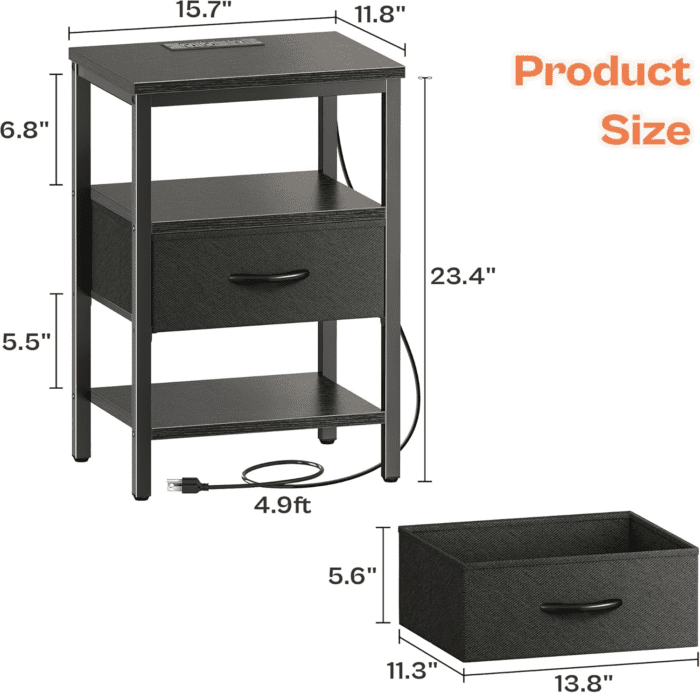 Nightstand with Charging Station, Bed Side Table with Adjustable Fabric Drawer, Night Stand for Bedroom, 3-Tier Storage End Table, for Living Room, Black - Image 8