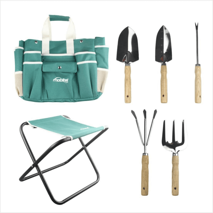 Garden Tools Sets- Heavy Duty Gardening Gift Tool Kit Including Folding Stool with Tool Bag 5 Sturdy Stainless Steel Tools(Gardening Trowel Trans-Planter Weeder & Rake) for Women Men - Image 2