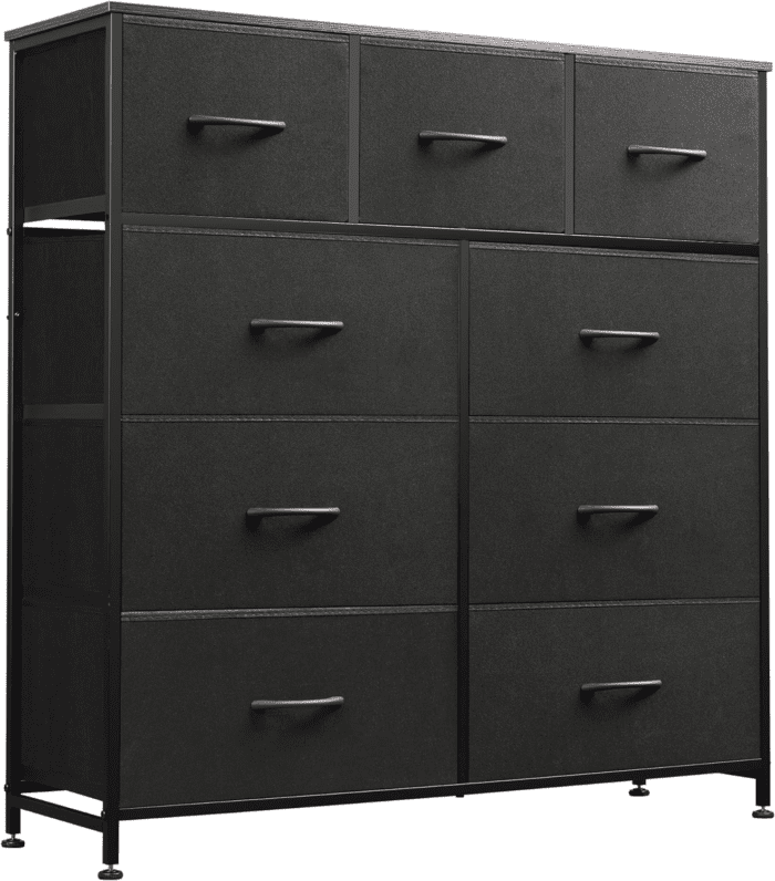 9-Drawer Dresser, Fabric Storage Tower for Bedroom, Hallway, Entryway, Closet, Tall Chest Organizer Unit with Fabric Bins, Steel Frame, Wood Top, Easy Pull Handle, Charcoal Black