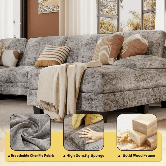 Sectional Couches for Living Room, U Shaped Couch with Chenille Fabric, 4 Seat Modern Sofa with Removable Pillows for Apartment and Small Space (Fabric, Grey) - Image 5