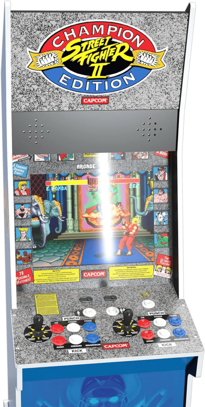 Street Fighter II Champion Edition Big Blue Cabinet Style Arcade Machine W/ 12 Games, Coinless Operation, Light-Up Marquee, Wifi, and Stool - Image 6