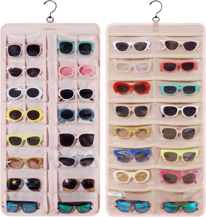 Hanging Jewelry Organizer, Dust Proof Sunglasses Storage Case Wall Mounted, Travel Dual Sided Glasses Case Multiple Pairs, Eyeglasses Holder with 32 Clear Slots & Metal Hook, Pink