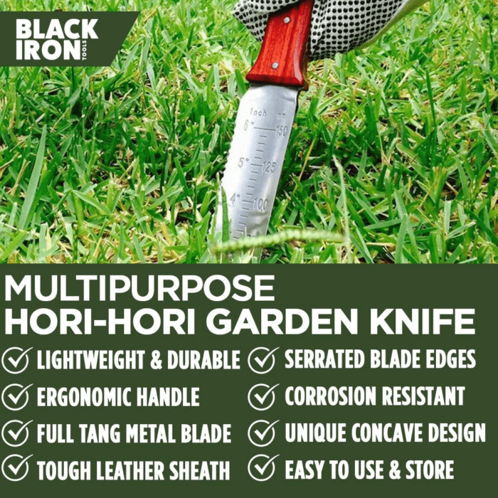 Black Iron Hori Hori Garden Knife [7 Inches, Japanese Stainless Steel] Durable Gardening Tool for Weeding, Digging, Cutting & Planting with Leather Sheath and Sharpening Stone - Image 3