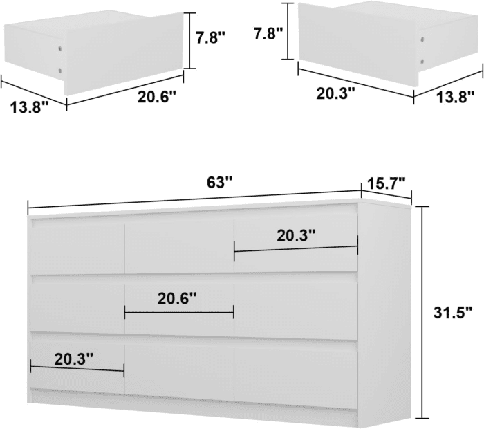 9 White Drawer Dressers, Modern Large Dresser for Bedroom Organize, Wooden Long Dresser with 9 Handle Free Drawers, Storage Chest of Drawers for Living Room Office, Ball Bearing Slide (63" W) - Image 2