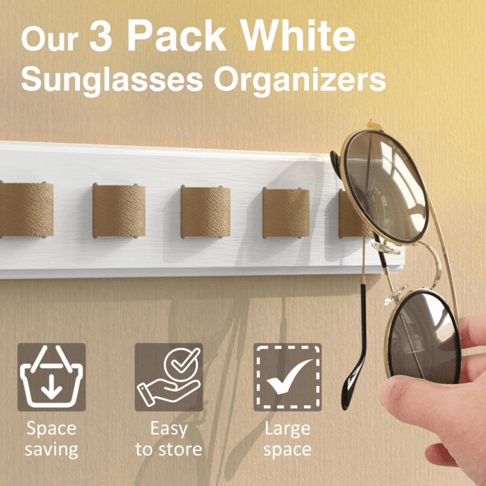 3 Pack Sunglass Organizer, Wall Mounted Sunglasses Organizer, Wooden Glasses Holder Sunglass Holder, Sunglasses Rack for Hanging Your Multiple Eyeglasses, for Wall, Home Decor(White) - Image 5