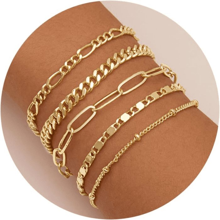 Gold Bracelets Set for Women 14K Real Gold Plated Dainty Gold Link Chain Bracelets for Women Trendy Gold Stackable Cuff Bracelets for Jewelry Gifts Women Adjustable 7"+2"