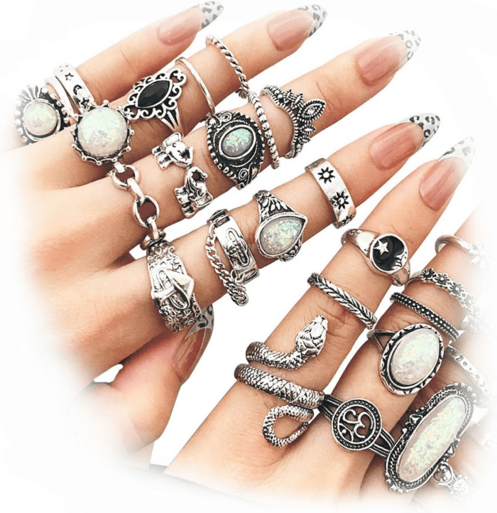 Vintage Silver Knuckle Rings Set for Women Men, Chunky Rings Aesthetic Snake Grunge Stackable Gothic Ring Adjustable Y2K Punk Bulky Boho Finger Alt of Rings, Stacking Fairy Skull Frog Heart Star Flower Midi Ring Pack - Image 2