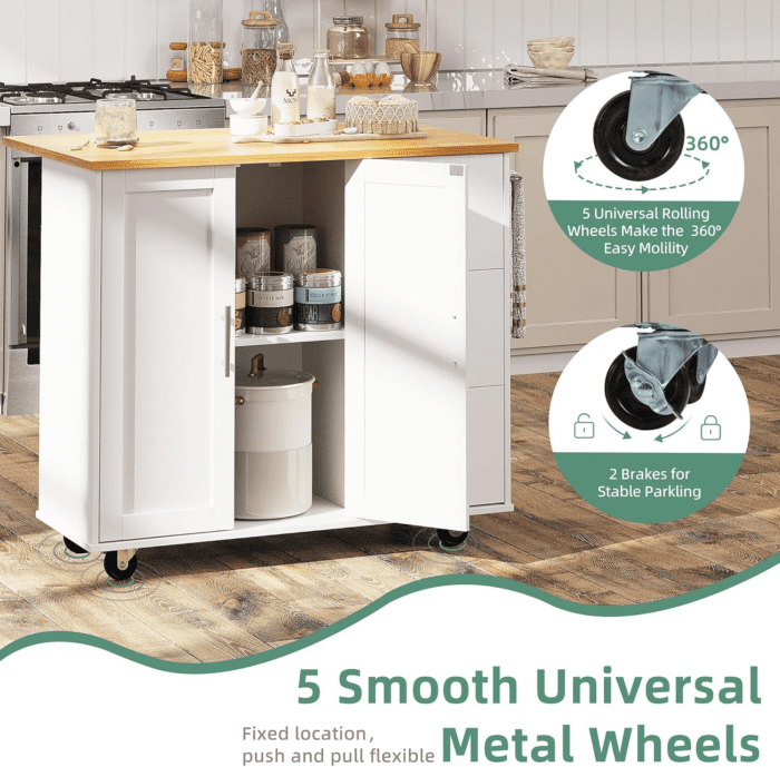 Rolling Kitchen Island Cart with Folding Drop Leaf Breakfast Bar, Portable Trolley Island with Large Storage Cabinet, Shelf and Drawer, White - Image 5